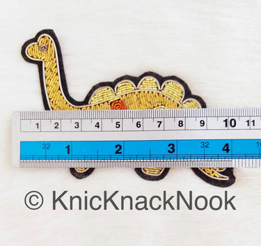 Hand Embroidered Dinosaur Applique In Gold, Yellow And Copper Zardozi Threadwork, Animal Motif